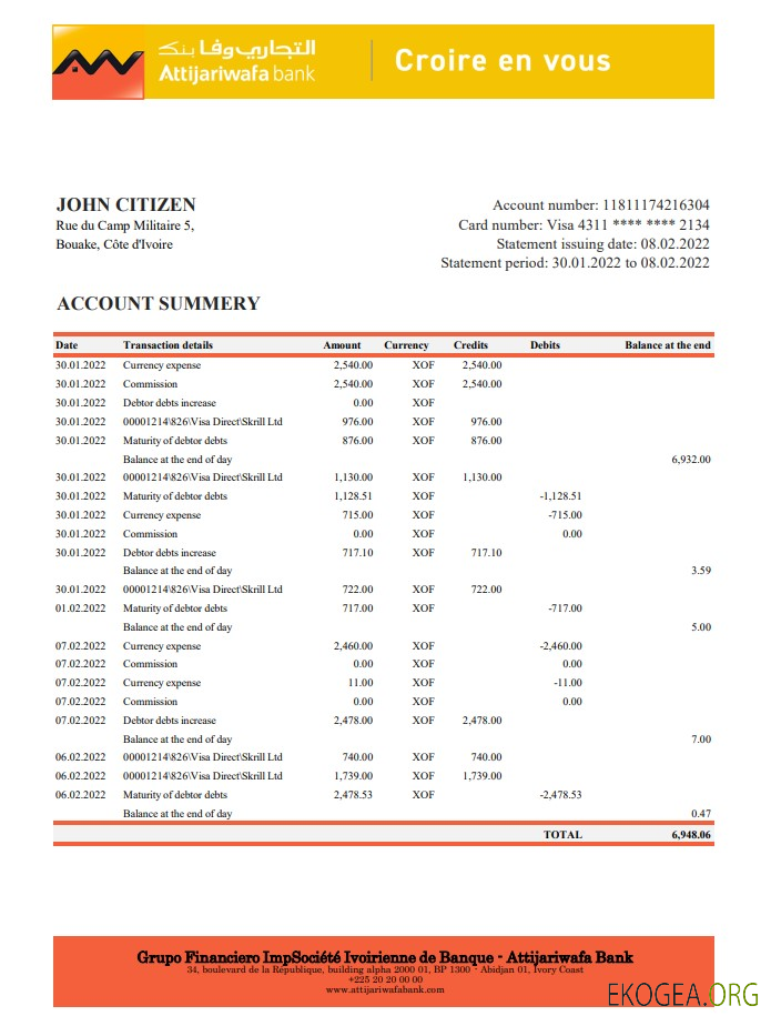 Côte d'Ivoire Relevé Attijariwafa bank xls